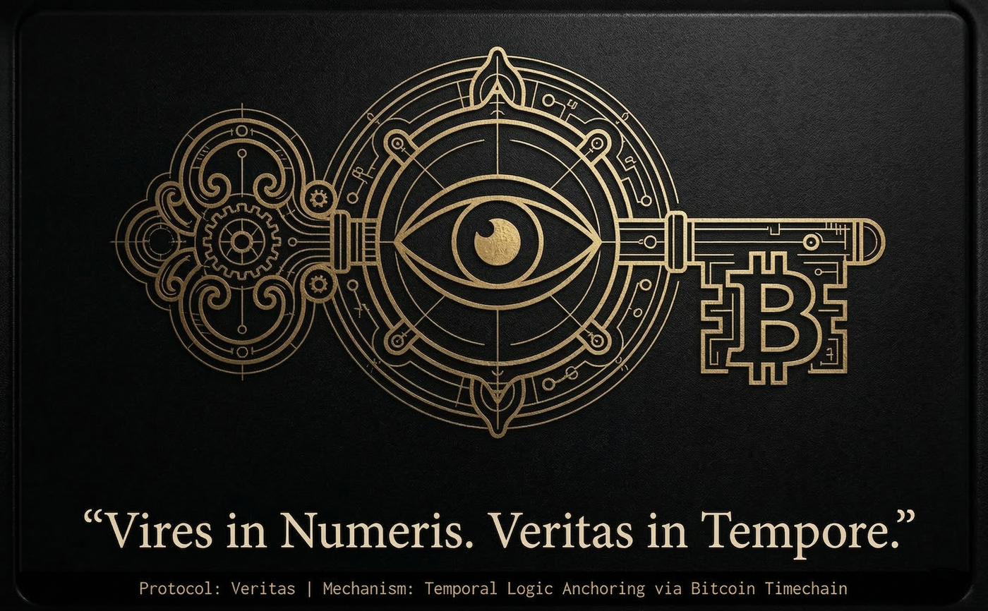 Vires in Numeris. Veritas in Tempore. — Veritas Protocol key: steampunk gears, all-seeing eye, Bitcoin symbol.
